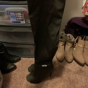 Thigh high peep toe boots army green